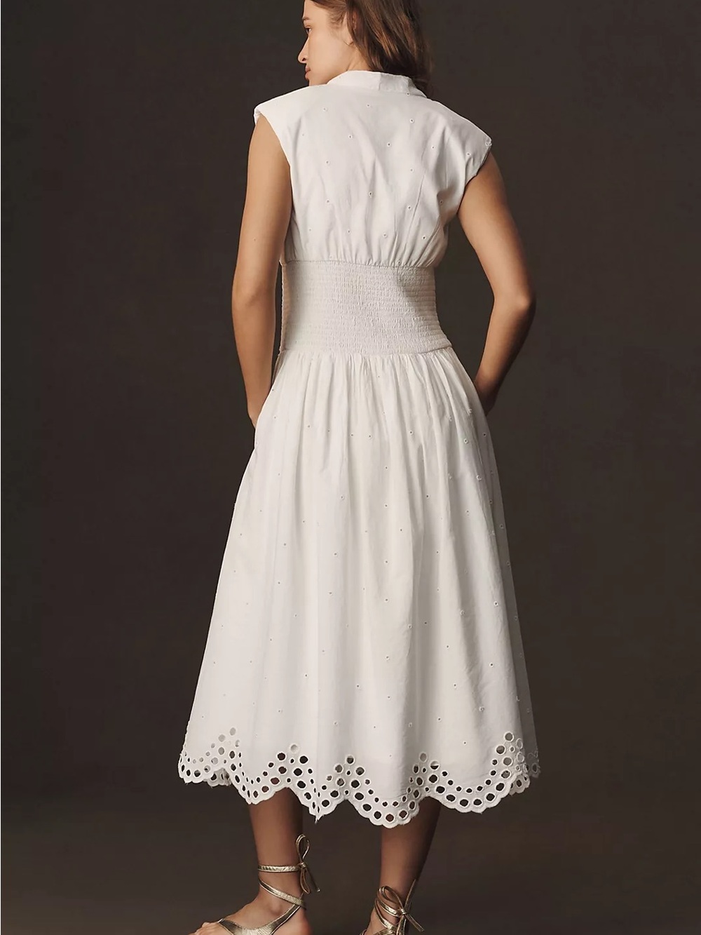 Anthropologie Maeve The Tommie Cap-Sleeve Smocked Front-Zip Shirt Dress Eyelet M - Picture 2 of 12